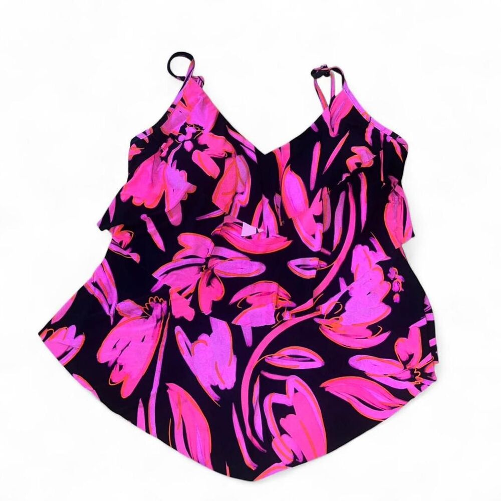 Aqua Green Women's Black and Pink Floral Tiered Swim Cami Tankini SZ XL